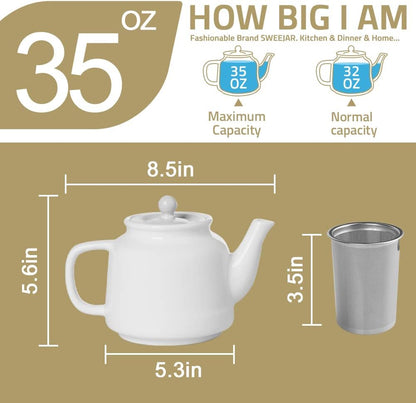 Sweejar 35 oz Porcelain Tea Pot, Teapot with Removable 18/8 Stainless Steel Infuser, Microwave & Dishwasher Safe Tea Maker, Tea Infuser Pots for Blooming loose Leaf Tea,Chrismas Women Gift(White)