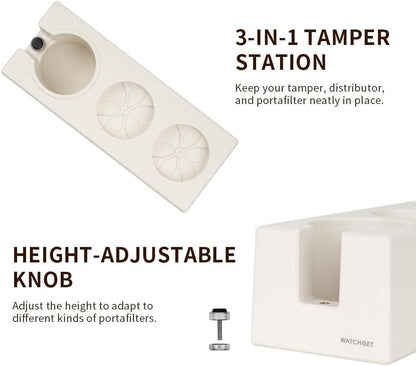 watchget Espresso Tamping Station, Plastic Espresso Organizer Box for 51/54/58mm Portafilter, Tamper, Distributor and Barista Accessories, Coffee Tamper Station, Ivory White