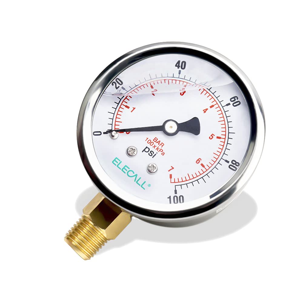 ELECALL 2-1/2” Glycerin Filled Pressure Gauge, 0-100Psi, 1/4”NPT Lower Mount, Stainless Steel Case, Brass Internals, Water Pressure Gauge