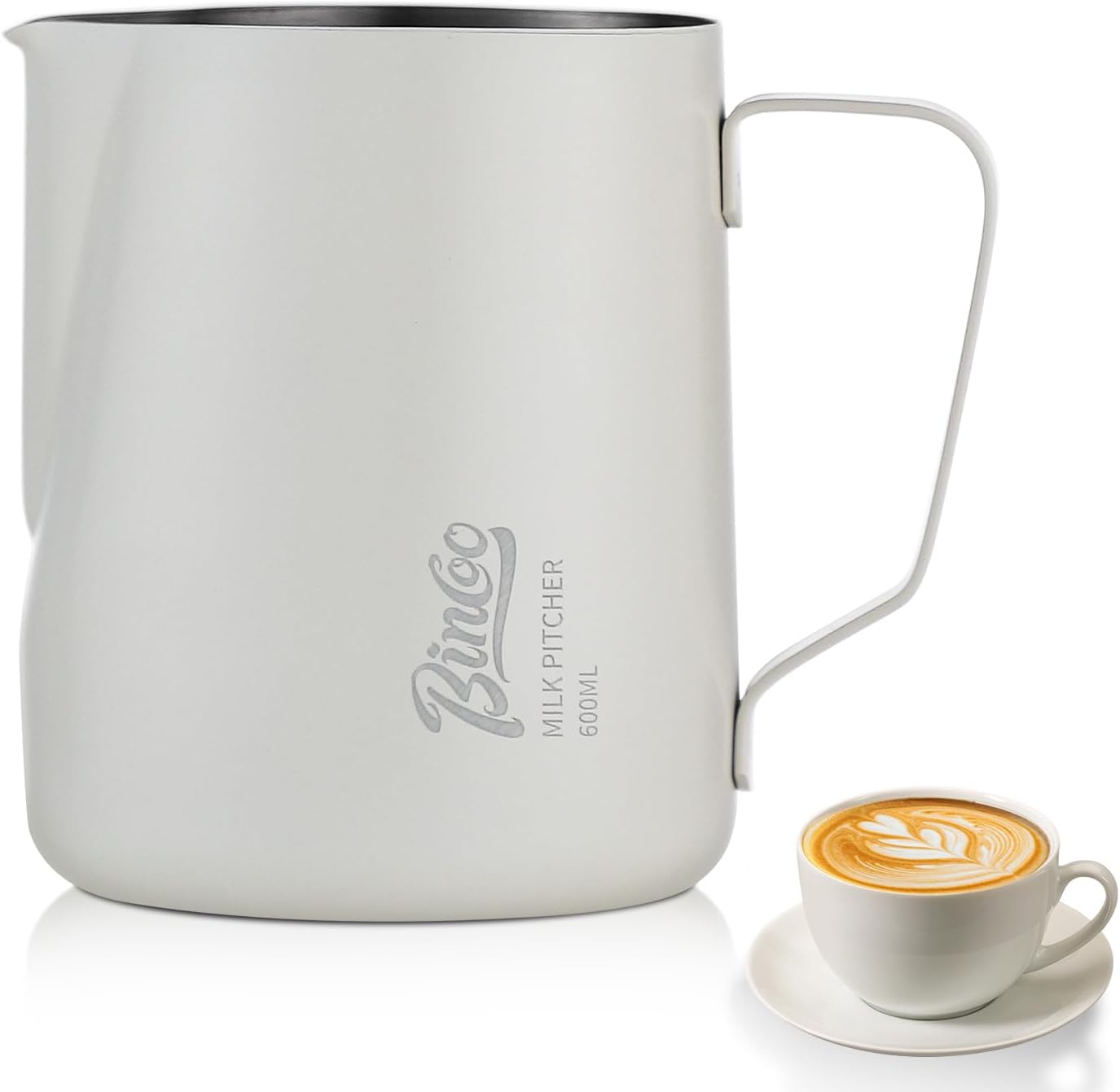 Milk Frothing Pitcher - 600ml/20oz Milk Frother Cup Espresso Steaming Pitcher for Barista, Bincoo SUS304 Stainless Steel Espresso Steaming Pitchers for Latte Art/Cappuccino/Coffee/Milk (White-600ml)