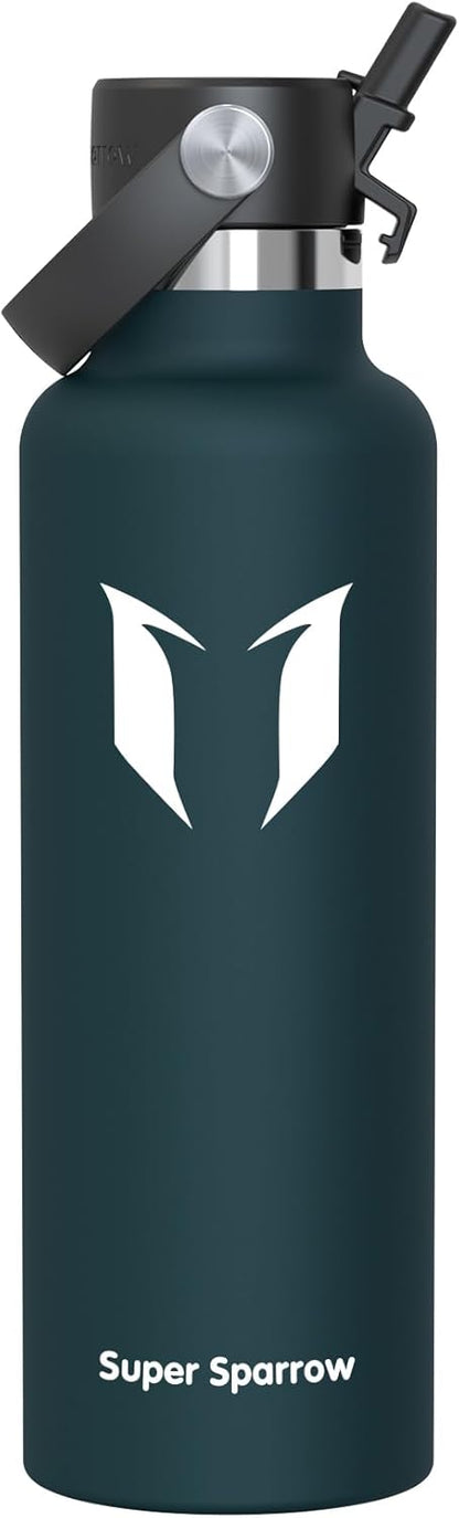 Super Sparrow Insulated Water Bottle - 17 Oz / 25 Oz / 32 Oz - Standard Mouth FlipFlow Flask - BPA Free, Leak Proof Drink Bottle- Ergonomic Straw Water Bottles for Work, Gym, Travel, Sports