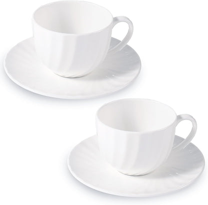 Fine Bone China Cappuccino Mugs Set of 2, 7 Oz Spiral Pattern Lightweight Ceramic, Art Coffee Cups with Saucers, for Latte, Mocha, Tea, Espresso, Macchiato, Americano