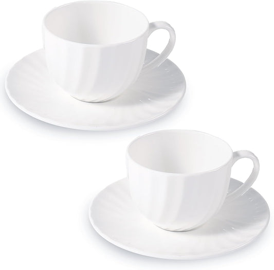 Fine Bone China Cappuccino Mugs Set of 2, 7 Oz Spiral Pattern Lightweight Ceramic, Art Coffee Cups with Saucers, for Latte, Mocha, Tea, Espresso, Macchiato, Americano