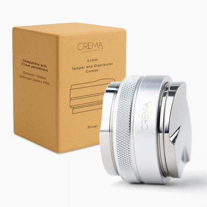 Crema Coffee Products 51mm Hand Tamper & Coffee Distributor|Compatible with Delonghi Dedica & La Specialista Portafilter|Double-Sided,Adjustable Depth Tool|Made with Durable 304 Stainless Steel|Silver