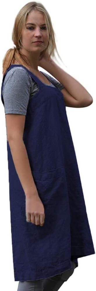 Women's Pinafore Square Apron Baking Cooking Gardening Works Cross Back Cotton/Linen Blend Dress with 2 Pockets