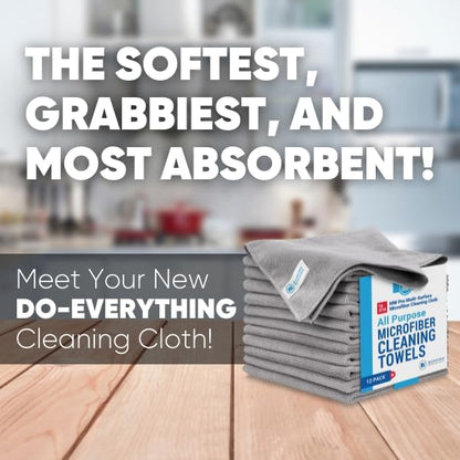 MW Pro Microfiber Cleaning Cloths (12 Pack) | Size 16" x 16"| All Purpose Microfiber Towels - Clean, Dust, Polish, Scrub, Absorbent (Gray)