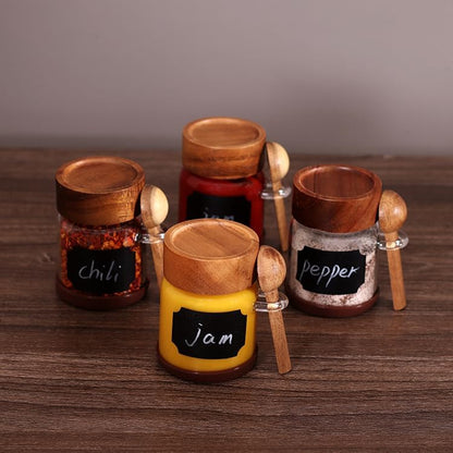 SAIOOL High Bprosilicate Glass 4 Pack Spice Jars with Label and Spoons,Overnight Oats Containers with Acacia Airtight Lids,Glass Food Storage Jars, Coffee Bar (Acacia 5.9 OZ*4)