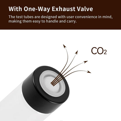 watchget Single Dose Coffee Storage Tubes 10 Pcs Dosing Glass Vials with One-way Exhaust Valve Lids Coffee Bean Storage Coffee Bean Cellar with Hopper & Wood Base, B