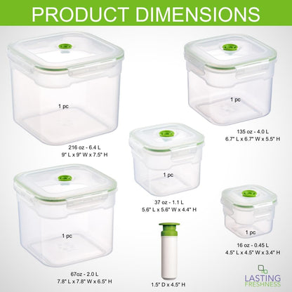 Lasting Freshness 11 piece Vacuum Seal Food Storage Containers with Vacuum Pump, Airtight and Leak Proof, Vacuum Sealed Food Storage Containers, Meal Prep Containers, Keep Food Fresh up to 5 X Longer