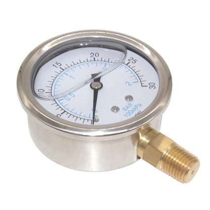 2-1/2" Dial 1/4" NPT 0~30Psi 304 Stainless Steel Glycerin Filled Pressure Gauge Bottom Mount