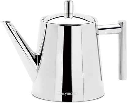 Easyworkz Stainless Steel Double Wall 34 oz Tea Pot with Removable Tea Infuser, Perfect for Brewing Your Favorite Tea, Chrome