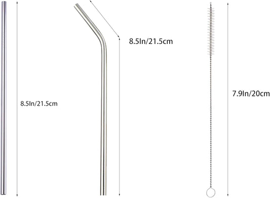 10 Pcs Stainless Steel Straws, Reusable Drinking Straws, 5 Straight + 5 Bent Metal Straws Set With 2 Pcs Cleaning Brushes (Silver, 8.5 Inch)