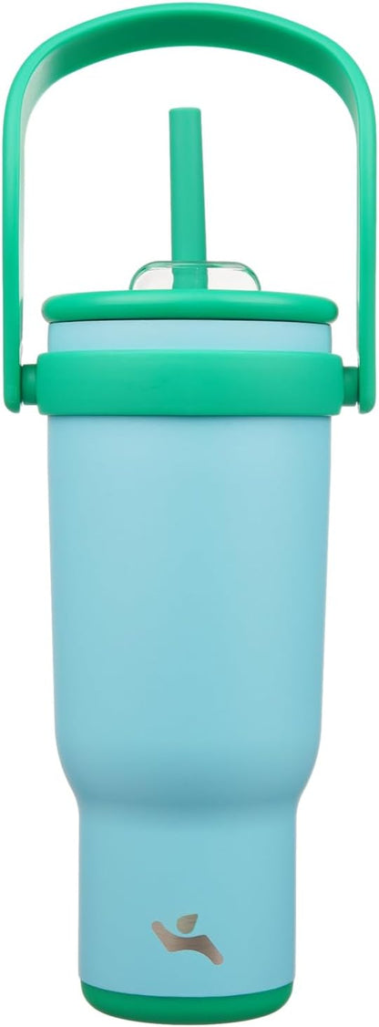 40 oz Tumbler with Side Handle, Insulated Water Bottle with Straw and 2 in 1 Lid, Stainless Steel Cup Travel Coffee Mug for Sports Office Gym,Ice Blue