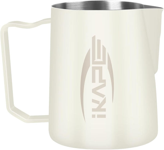 IKAPE Espresso Milk Pitcher, Espresso Steaming Pitcher with Sharp Spout for Espresso Barista Tool, 15.4 oz/450ml Milk Frothing Jug (White)
