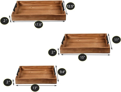 Coffee Table Tray Decorative Nested Vintage Wood Serving Tray Set for Eating, Breakfast, Party, Kitchen, Ottoman,Tea Coffee Table Large Ottoman Trays (Wood, 3Pc)