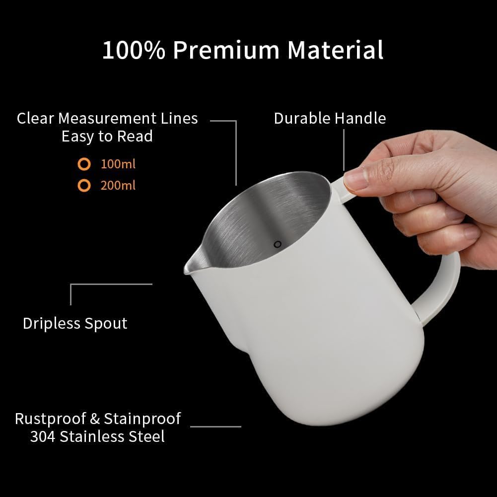 watchget Milk Frothing Pitcher 250ml/8oz Stainless Steel Espresso Steaming Pitcher Milk Coffee Cappuccino Latte Art Barista Steam Pitcher Milk Frothing Jug, White