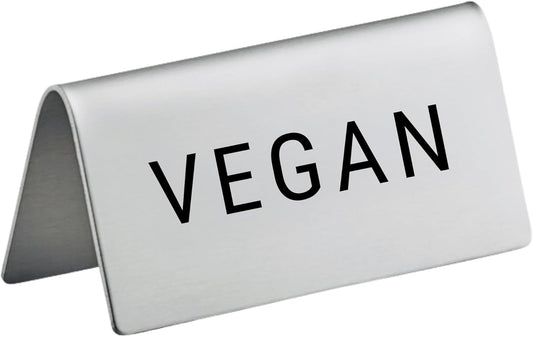 Vegan Stainless Steel Metal Table Tent Sign - 3" x 1-1/2" - Table Top Setting for Restaurants, Catering Businesses, Business. Great for Wedding, Banquet, Buffet, Party, Events. To Label Food Areas for