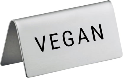 Vegan Stainless Steel Metal Table Tent Sign - 3" x 1-1/2" - Table Top Setting for Restaurants, Catering Businesses, Business. Great for Wedding, Banquet, Buffet, Party, Events. To Label Food Areas for Special Dietary Needs-12 PK
