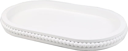 Oval Wood Serving Tray with Wooden Beads, Outdoor Farmhouse Decorative Tray for Ottoman, Coffee Table, Kitchen Counter Organizer, Home Decor(White)
