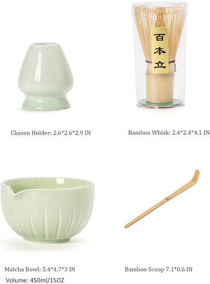 TANG PIN Matcha Set - Match Bowl with Spout and Whisk, 15 OZ, Matcha Scoop | Matcha Whisk Stand (Chasen Holder) - 4pc Perfect Matcha Kit for Matcha Tea Ceremony (Green)