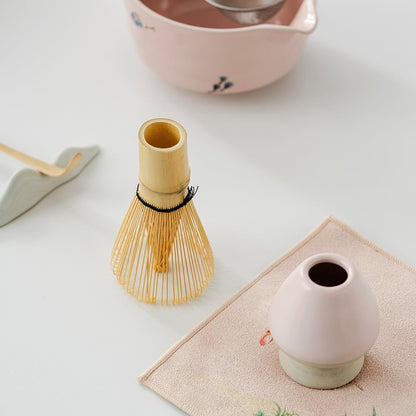 matcha whisk set,matcha set, including matcha bowl, matcha whisk and stand, sieve, spoon, cloth mat, gift for matcha lovers (pink)