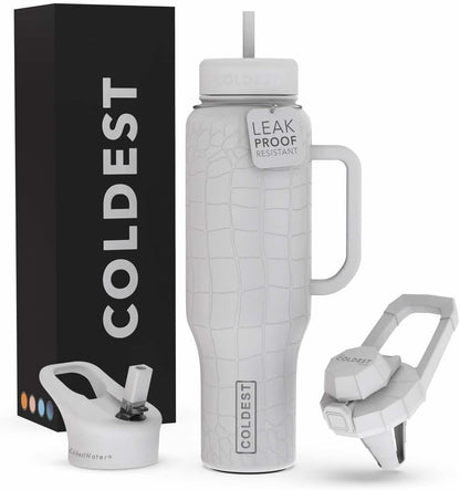 Coldest 40 oz Tumbler with Handle and Straw - 100% Leak Proof Insulated Tumbler with Lid and Straw (3 Lids) - Stainless Steel Tumblers for Women & Men - Cup Holder Friendly Base, 46 oz (White Croc)