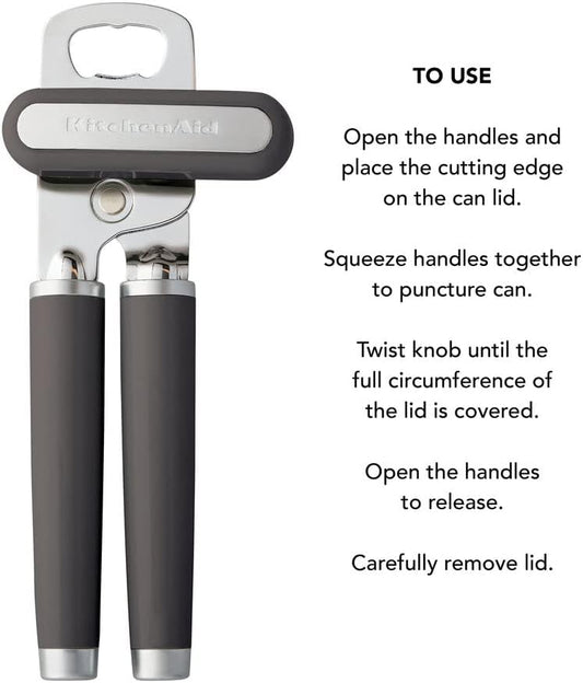 KitchenAid Classic Multifunction Can Opener and Bottle Opener Easy to Use, Razor Sharp Stainless Steel Cutting Wheel, Soft Ergonomic Handles, Charcoal