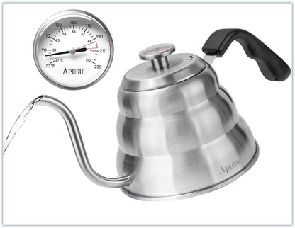 Pour Over Kettle for Manual Drip Coffee and Tea with Thermometer 28oz Gooseneck Kettle with Flow Control Stainless Steel Water Kettle for Stovetop,800ml,4 Cup,Silver,1Pack