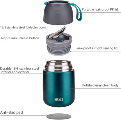 Insulated Thermo Food Jar for Hot & Cold Food for Kids Adult, 17 oz Soup Thermal Hot Food Containers for Lunch, Triple Layer Insulation Stainless Steel Food Jar with Spoon (Green)