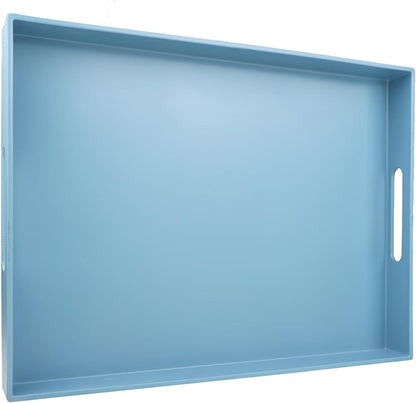 Blue Serving Tray for Coffee Table, Rectangular Plastic Decorative Tray with Handles for Entertaining, Outdoor Patio, Living Room, Ottoman, Bathroom Counter, 11.8”*15.7”*1.6”