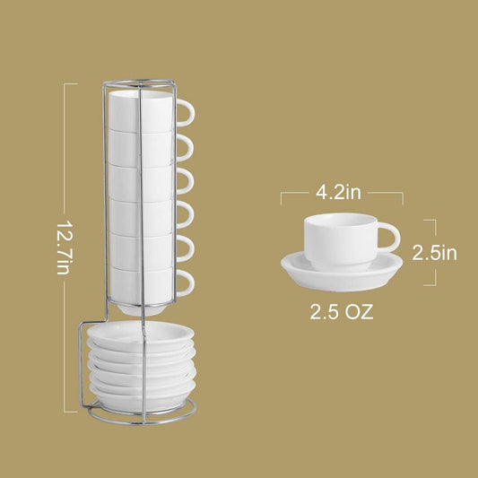 Sweejar Porcelain Espresso Cup & Saucer Set, Stackable Demitasse Cups with Metal Stand, 2.5 OZ for Latte,Coffee,Cafe Mocha,Tea, Set of 6(White)
