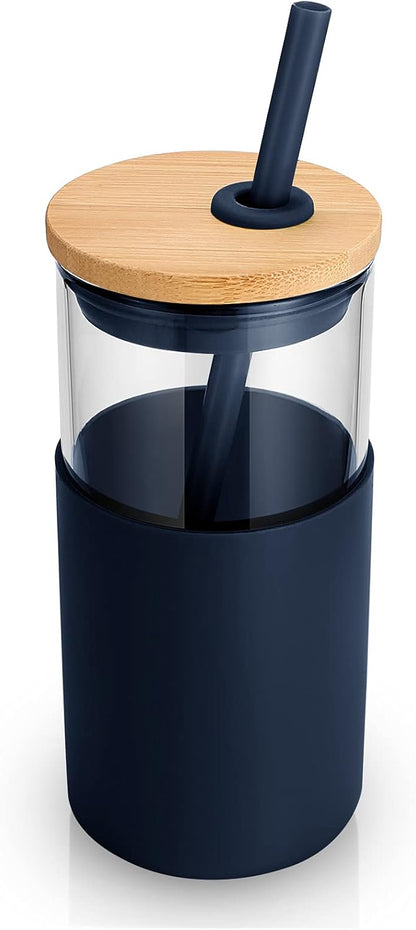 Tronco 16 oz Glass Tumbler with Straw and Bamboo Lid, Iced Coffee Cup Reusable, Smoothie Cups, Tumbler with Silicone Protective Sleeve - BPA Free