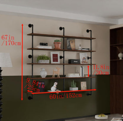 Industrial Pipe Shelf Shelving Bookcase, Wall Mounted Rustic Bookshelf 60 Inch, Floating Bookshelves for Wall,Retro Wood Metal Pipe Industrial Shelves for Living Room