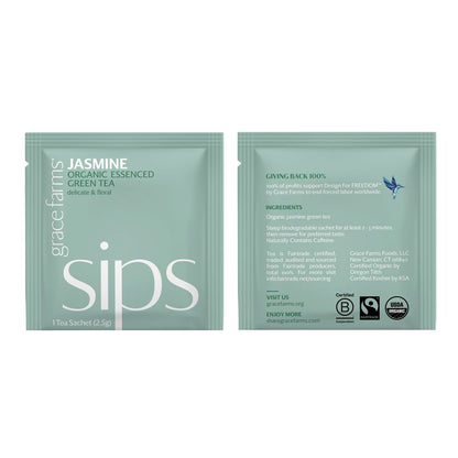 Grace Farms Organic JASMINE Green Tea (100 Enveloped Pyramid Sachets w/String & Tag) | Fragrant and Sweet | Fairtrade and Kosher Certified | Best Green Tea | Gives Back 100% of Profits
