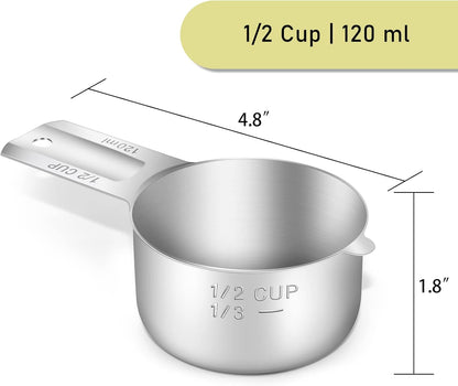 4PCS 1/2Cup (120ml, 4oz) Single Measuring Cup, Stainless Steel Measure Scoop, Metric and US Measurement, Dishwasher Safe