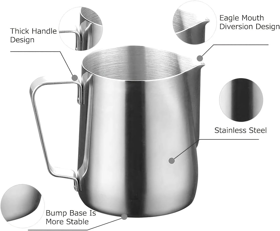4Pieces Stainless Steel Milk Frothing Pitcher Set, Latte Art Barista Steaming Pitchers Set -Include Milk Frother Cup, Latte Art Pen, Powder Shaker, 5pcs Coffee Decorating Stencils (600ml/20oz)