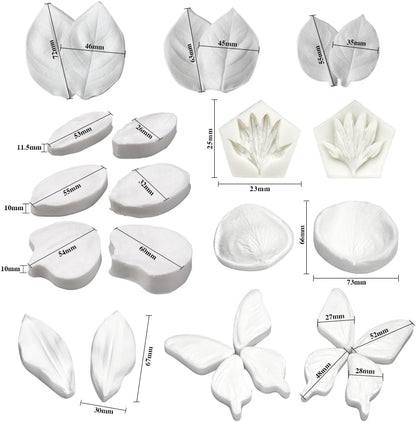 AK ART KITCHENWARE Silicone Veiner Stainless Steel Fondant Cutter Set for Gum Paste Flower Leaf Sugar Craft Tools Cake Decorating Supplies Silicone Veining Molds Moulds for Wedding with Christmas Box