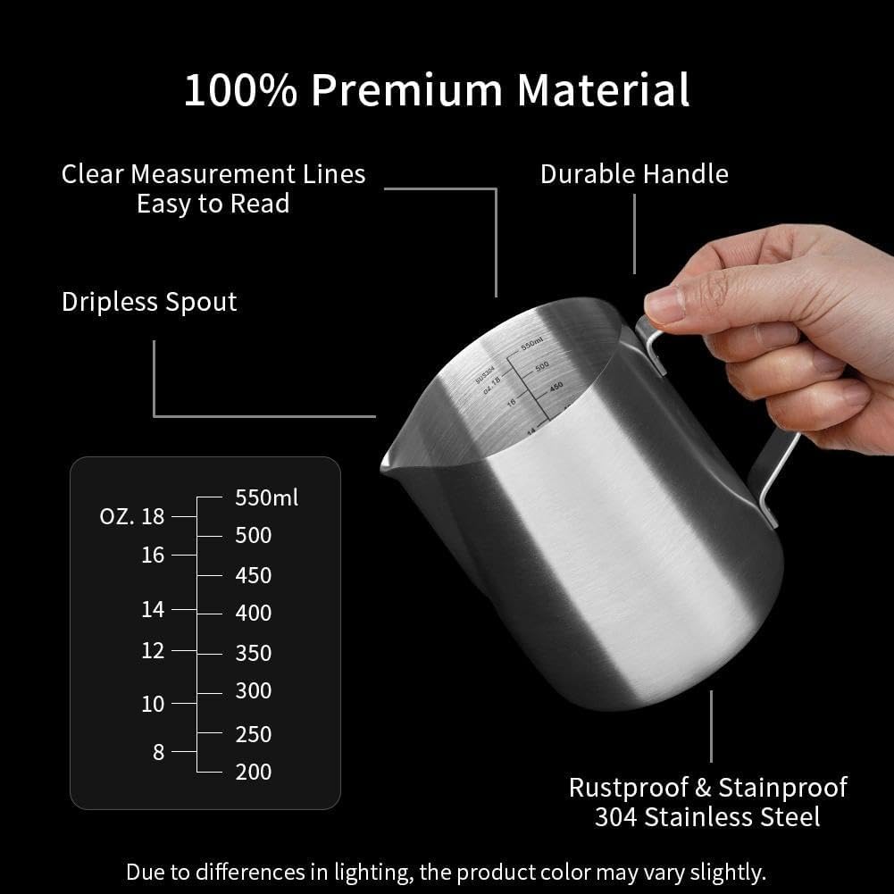 watchget Stainless Steel Milk Frothing Pitcher 20oz/600ml - Espresso Steaming Pitcher for Cappuccino, Latte Art, Coffee Machine Accessories Milk Jug Coffee Frother Cup, Matt Silver