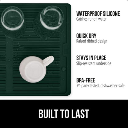 GORILLA GRIP 100% BPA-Free Silicone Dish Drying Mat for Kitchen Counter, Quick Dry, Water Catching Ribbed Design, Easy Clean Waterproof Sink Liner, Heat Resistant, Fits Under Rack, 13x11, Hunter Green
