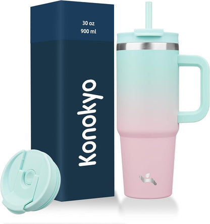 30 oz Tumbler with Handle and 2 Straws,2 in 1 Lid Insulated Water Bottle Stainless Steel Travel Coffee Mug,Gum