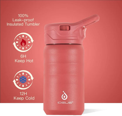 IDEUS Insulated Water Bottle 12oz, Stainless Steel Insulated Water Bottle For School, Insulated Bottles With Straws Leakproof, Vacuum Double Wall Water Bottles For Boys And Girls With 2 Lids, BPA Free