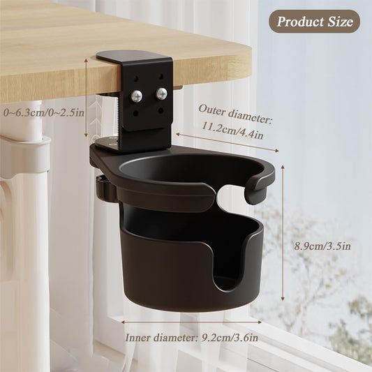 Desk Cup Holder 360° Rotating Under Table, Anti-Spill Cup Holder with Adjustable Clip, Hidden Water Bottle Stand Coffee Mug Storage for Home Office and School (Black)