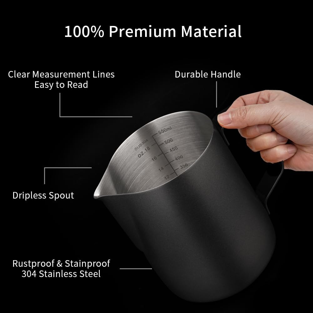 watchget Stainless Steel Milk Frothing Pitcher 20oz/600ml - Espresso Steaming Pitcher for Cappuccino, Latte Art, Coffee Machine Accessories Milk Jug Coffee Frother Cup, Black