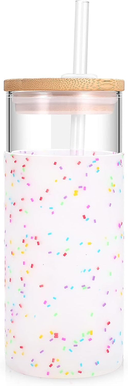 Tronco 20 oz Glass Tumbler Glass Water Bottle Straw Silicone Protective Sleeve Bamboo Lid - BPA Free (Colorful spots/ 1pack)