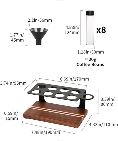 watchget Single Dose Coffee Storage Tubes 10 Pcs Dosing Glass Vials with One-way Exhaust Valve Lids Coffee Bean Storage Coffee Bean Cellar with Hopper & Wood Base, B