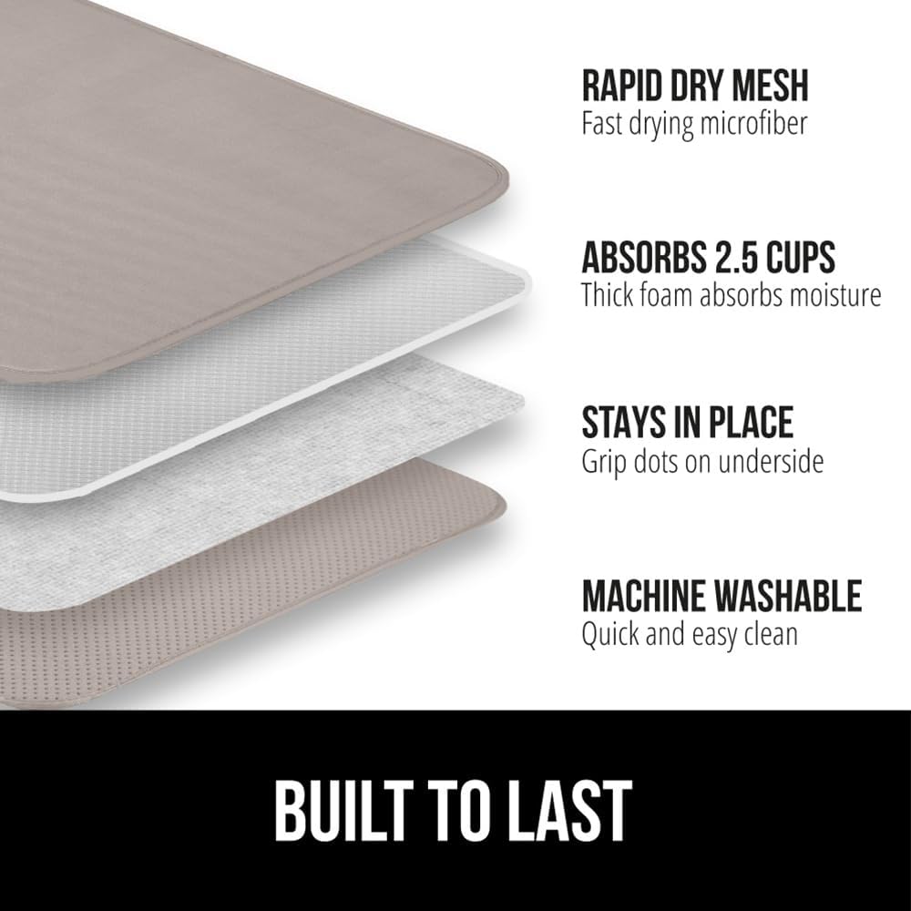 GORILLA GRIP Ultra Water Absorbent Microfiber Dish Drying Mat, Quick Dry Thick Mesh, Slip Resistant Pad for Sink Dishes or Under Rack, Kitchen Counter Accessories, 16x18, Machine Wash Mats, Almond