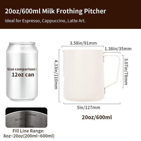 watchget Milk Frothing Pitcher 20oz/600ml - Stainless Steel Espresso Steaming Pitcher for Cappuccino & Latte Art, Creamy White