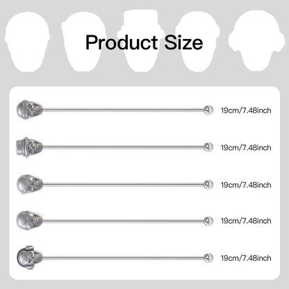 Skull Shape Swizzle Sticks, Reusable Stainless Steel Coffee Beverage Stirrers Cocktail, 5-Pack Drink Stir Sticks for Bar Party Home Office (Ancient Silver)