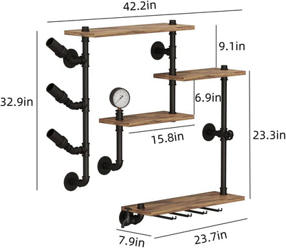 Wall Bar Shelves Industrial Pipe Shelving with 4 Stem Glass Holder, 4-Tiers Rustic Floating Wine Rack Wall Mounted Bar liquor Shelf, 42 in Hanging Wood Shelves Glass Rack, Living Room Kitchen Decor
