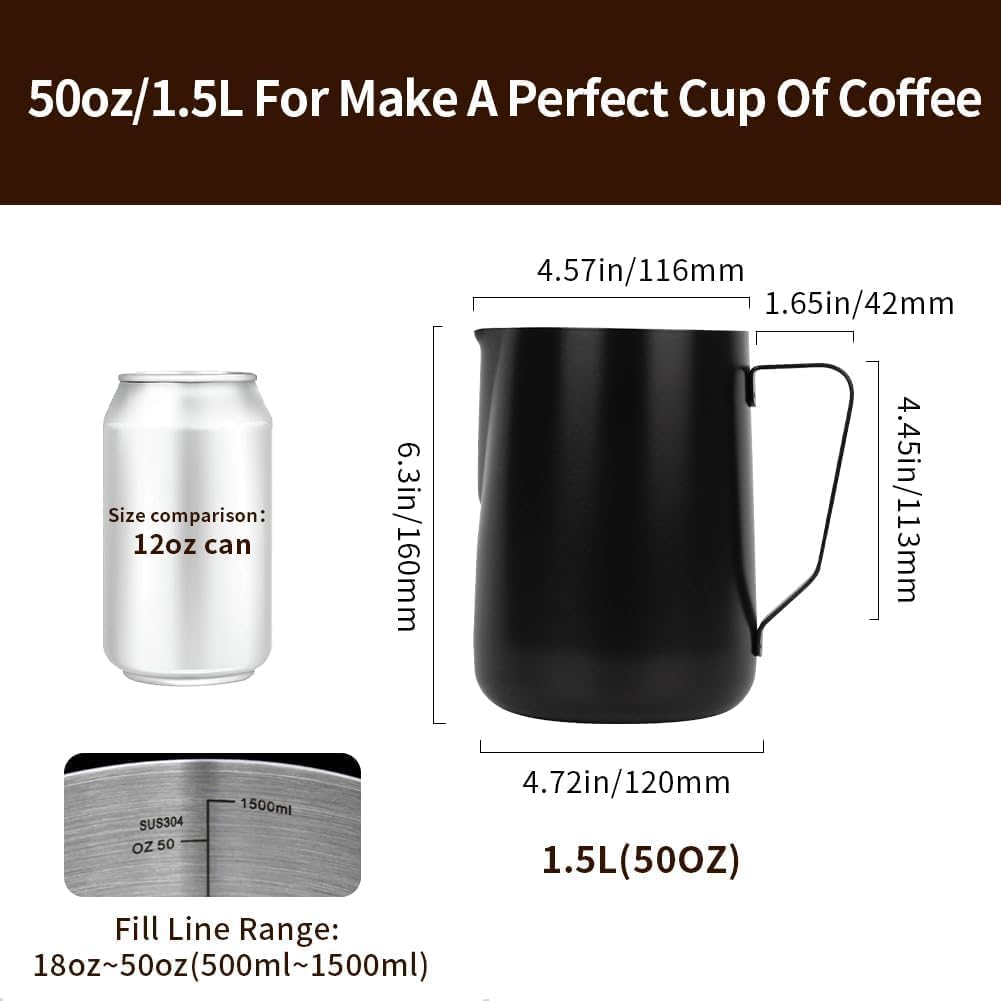 watchget Milk Frothing Pitcher 50oz/1500ml - Stainless Steel Espresso Steaming Pitcher for Cappuccino, Latte Art, Coffee Machine Accessories Milk Jug Frother Cup, Black